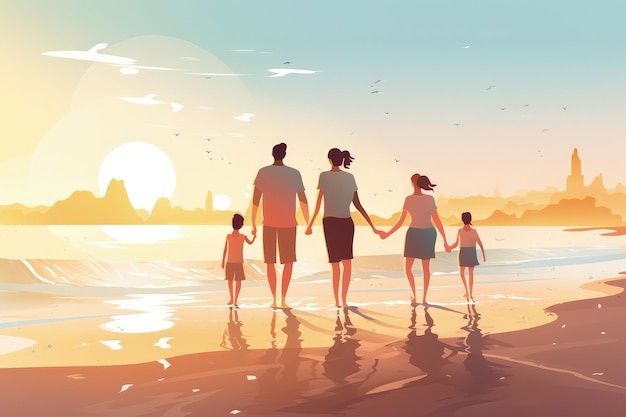 A family walking on the beach at sunset generative AI