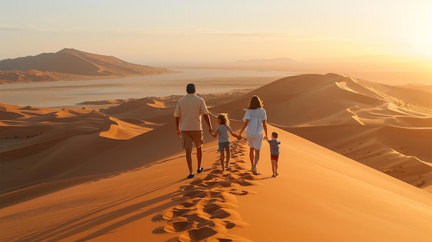 family walking in the desert