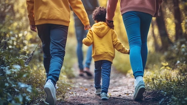 Photo a family walking down a path with their hands in the air