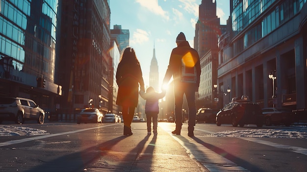 Photo family walking down the street in the city