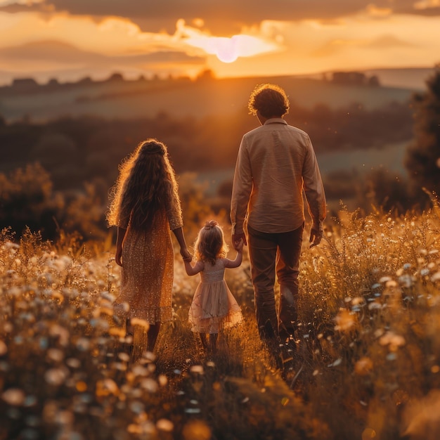 a family walking in a field with a sunset in the background