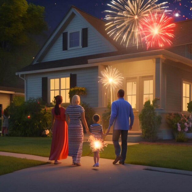 a family walking in front of a house with fireworks in the background