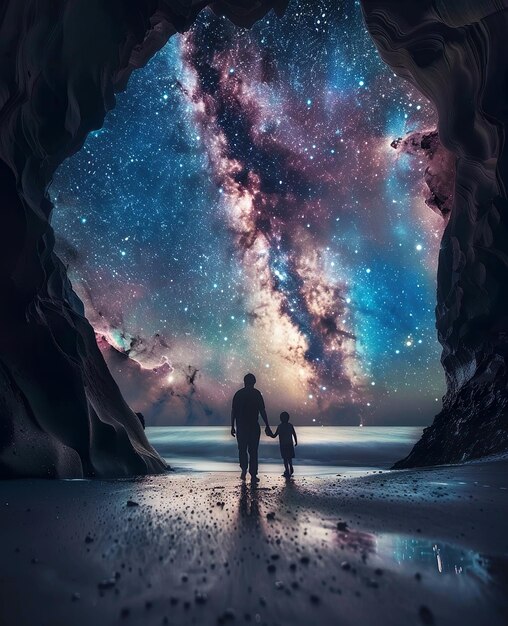 Photo a family walking hand in hand on the beach under starry sky with galaxies and nebulae in background