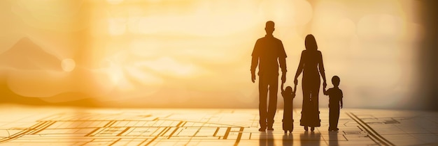 A family walking handinhand over detailed architectural plans and blueprints symbolizing building