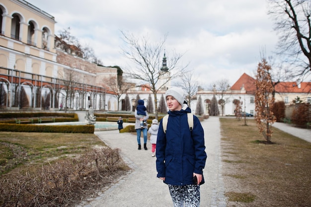 Family walking at historical Mikulov Castle Moravia Czech Republic Old European town