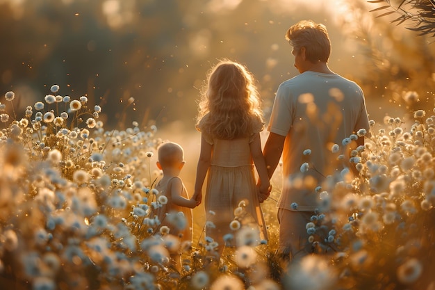 Family walking through a field of flowers at sunset