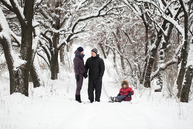 Family Walking Through Snowy Woodland