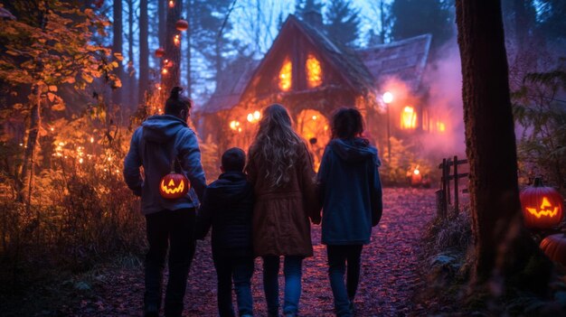 Photo family walking towards a lighted cabin in a foggy forest