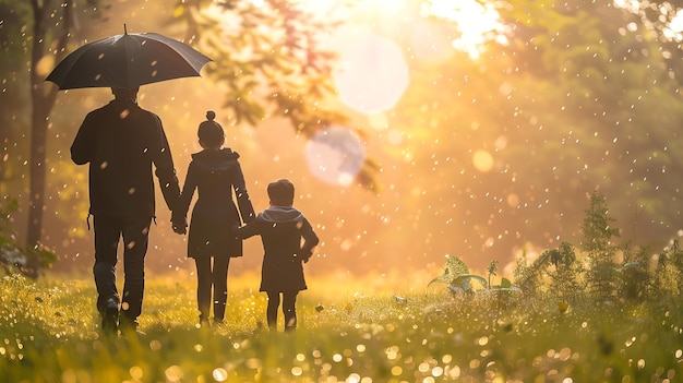 A family walking in the woods on a warm sunny day