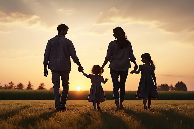 Family walks across the field on the grass lifestyle at sunset and hold each others hands dark silhouettes