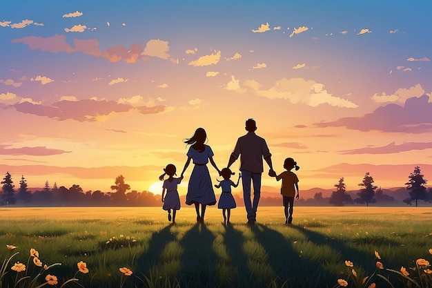 Family walks across the field on the grass lifestyle at sunset and hold each others hands dark silhouettes