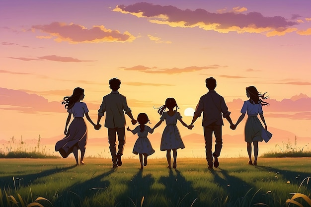 Family walks across the field on the grass lifestyle at sunset and hold each others hands dark silhouettes