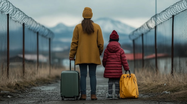 Photo a family walks along a lonely path holding bags searching for a better future together