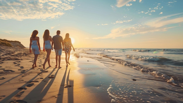 a family walks on the beach at sunset