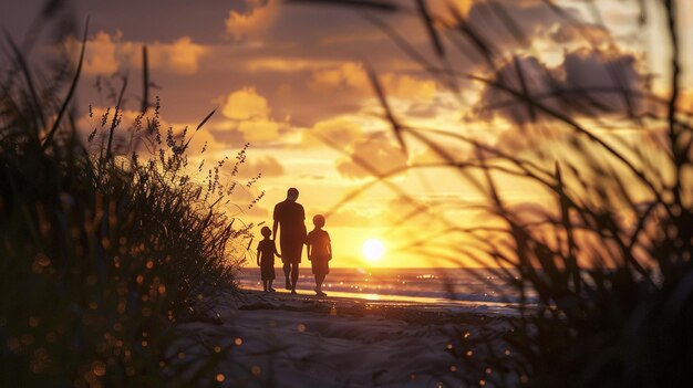 Photo a family walks on the beach at sunset