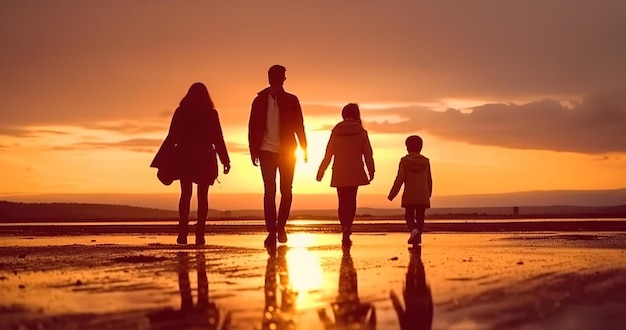 A family walks on a beach at sunset