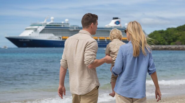 Photo a family walks on the beach with a cruise ship in the background