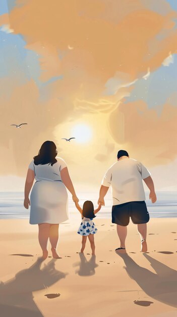 a family walks on the beach with their hands in the air