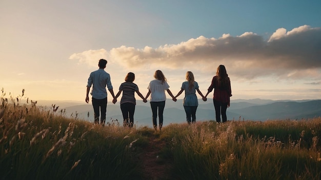 A family walks down a hill holding hands