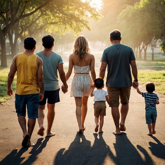 a family walks down a path with their children