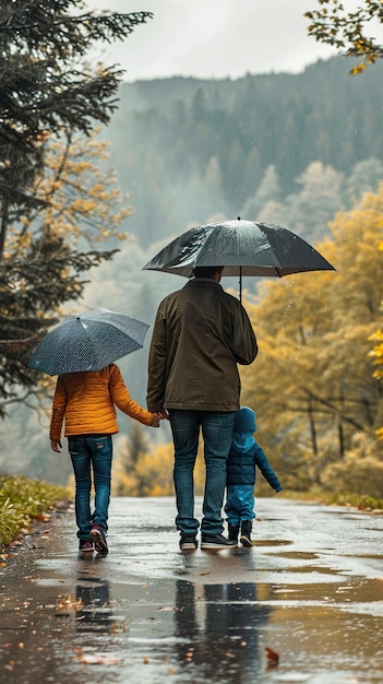 a family walks down a path with umbrellas in the rain