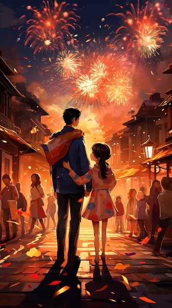 Photo a family walks down a street with fireworks in the background