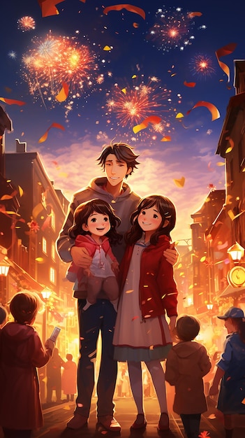 Photo a family walks down a street with fireworks in the background