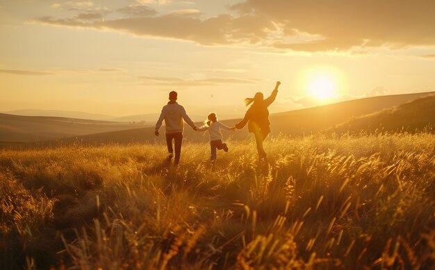 Photo a family walks in a field with the sun setting behind them