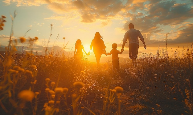 Photo a family walks in a field with the sun behind them