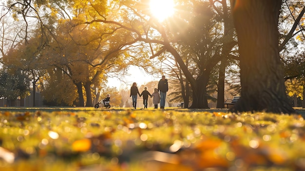 Family walks in a park covered with autumn leaves