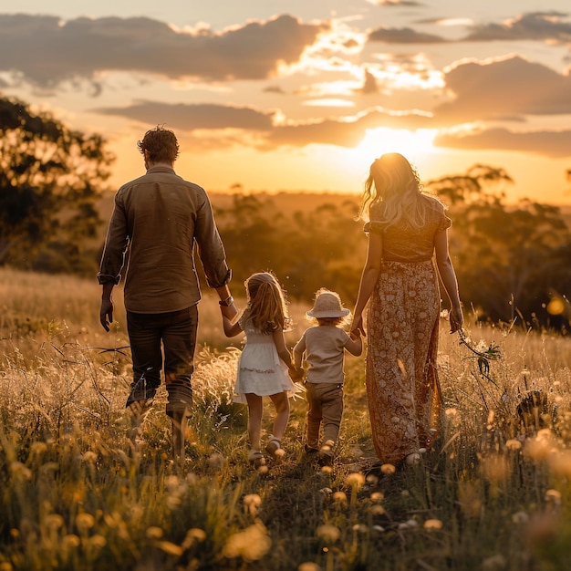 Photo a family walks through a field with their hands in the air