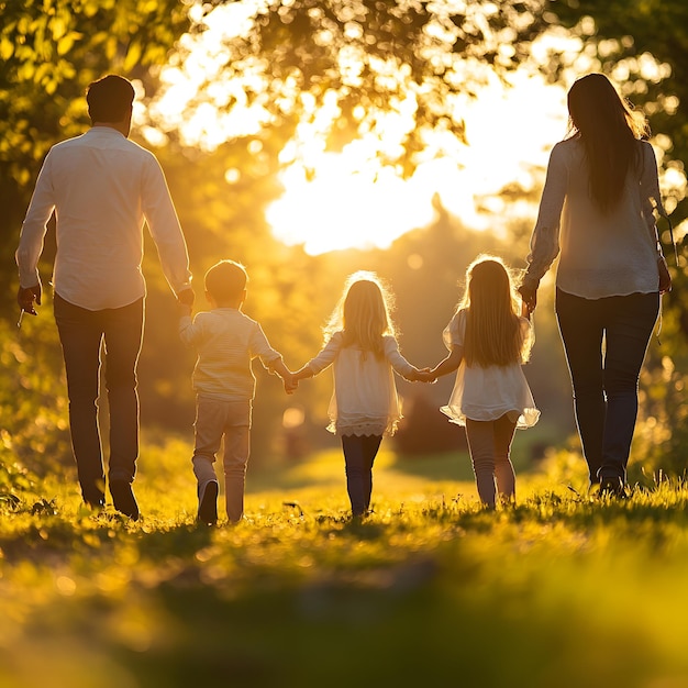 Photo a family walks through the park with their arms around their shoulders