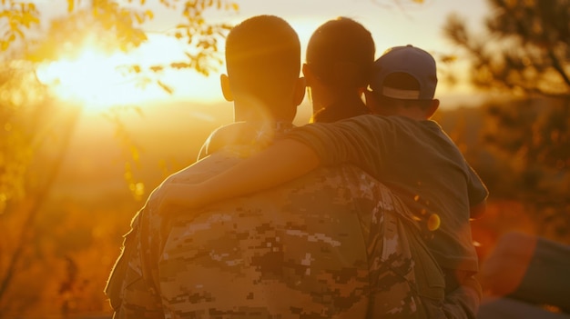 A family watches the sunset together with a soldier in uniform embracing two children creating a heartwarming scene of togetherness and warmth