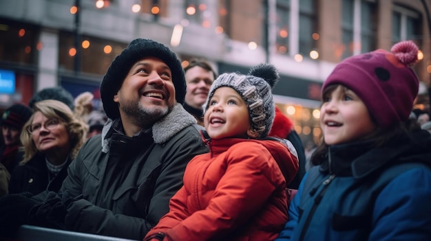 Family watching the annual New Year's Day parade in the heart of the city