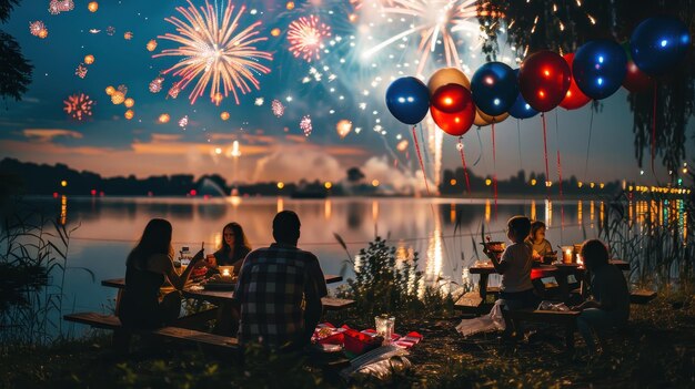 Family watching fireworks by the lake