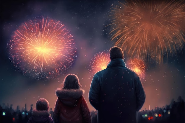 Family watching fireworks and celebrating happy new year