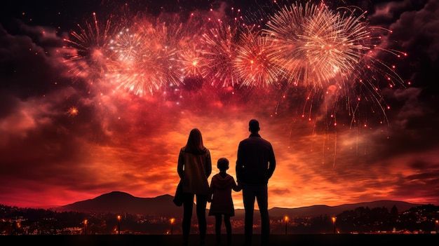 Family watching fireworks in evening sky Celebration and togetherness concept for holiday design