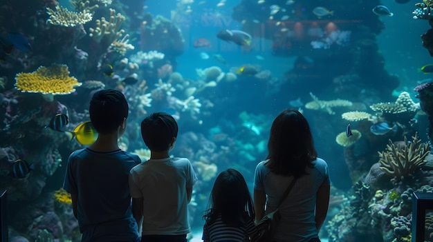 Family Watching Fish in an Aquarium