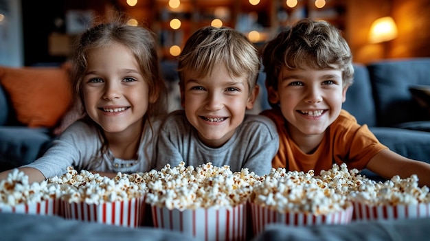 family watching a movie together with popcorn