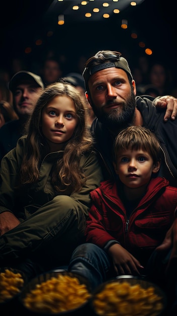 Family watching movies with popcorn