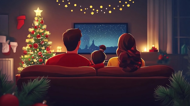 a family watching a tv with a christmas tree in the background