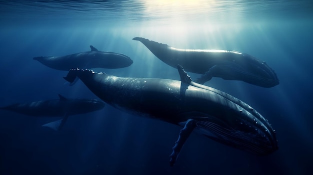 A family of whales in the depths of the ocean in the rays of the sun generative ai