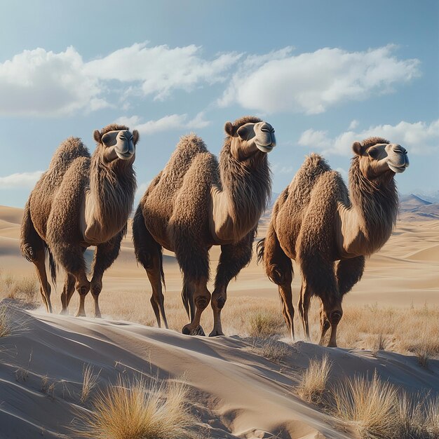 Photo family of wild bactrian camels traversing harsh desert terrain