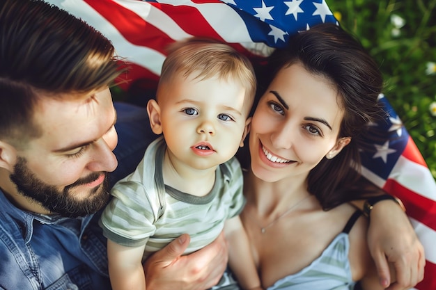 Photo family with american flag celebrating july 4th on a green lawn