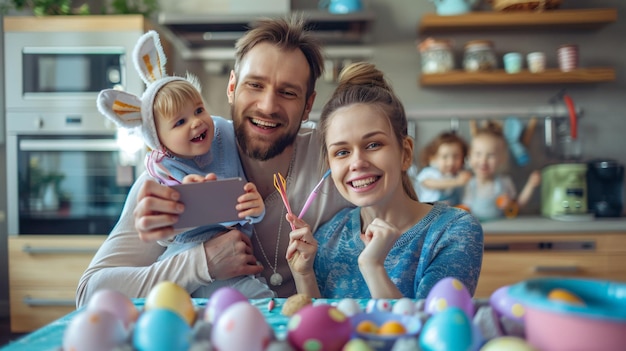 Photo a family with a baby and easter eggs