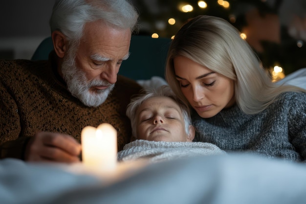 Photo a family with a candle that is lit up at christmas time