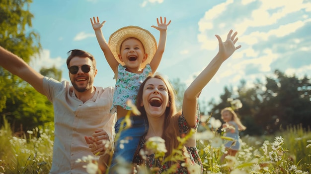 Photo a family with a child and the sun behind them