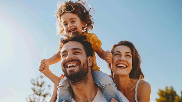 a family with a child on their shoulders