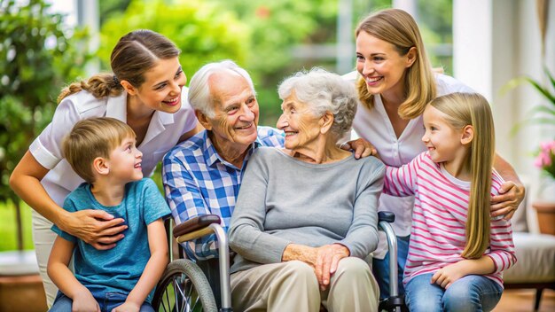 a family with a child and a woman in a wheelchair with a boy and a girl