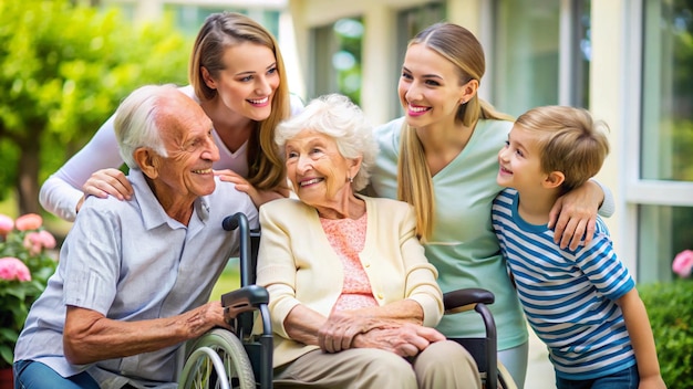 Photo a family with a child and a woman in a wheelchair